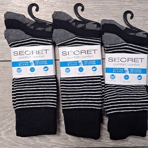 Lot Of 3 Secret Comfort Cotton Blend Women's 3Pair Black&White Striped Crew Sock